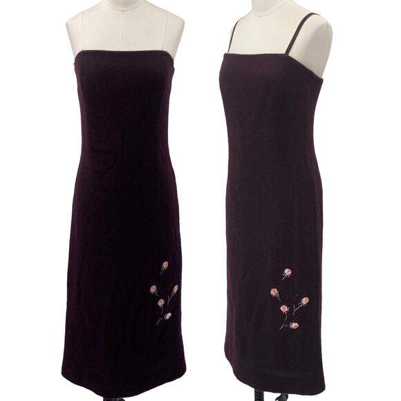 Laurel by Escada Midi Wool Dress Strapless Convertible Embroidered Floral Purple - Picture 1 of 12